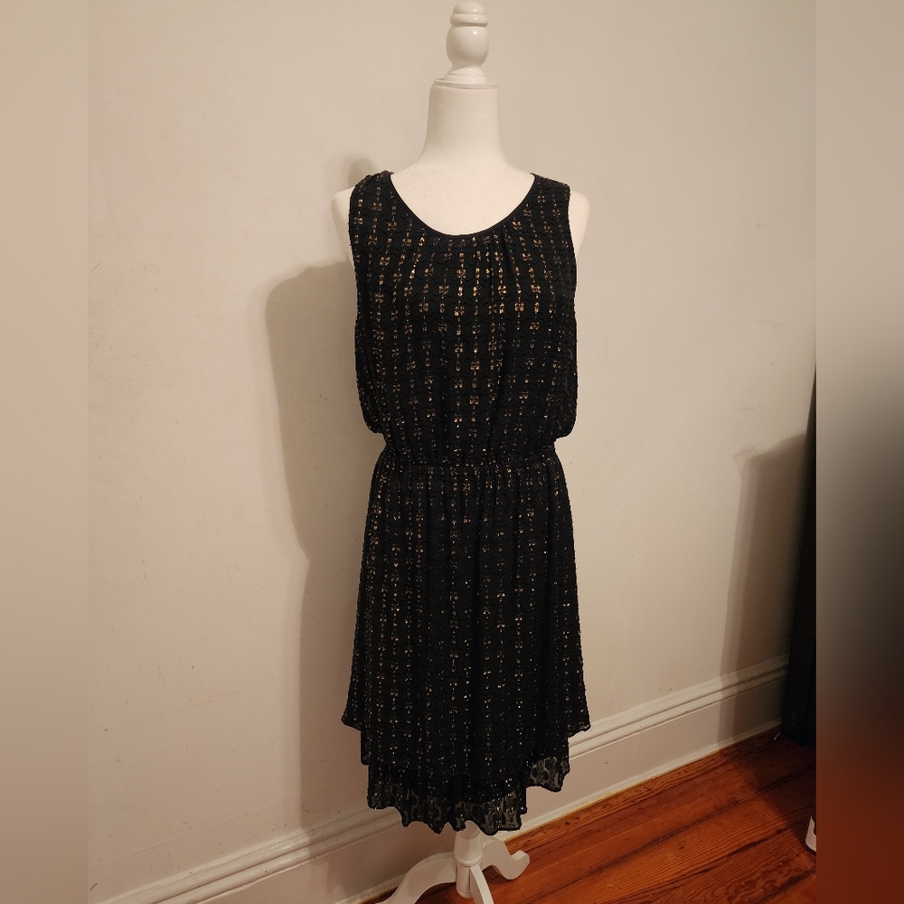 Maison Jules black gold dress, size L, midi, knee length